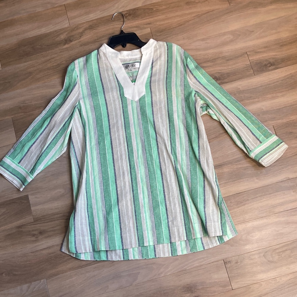 Kasper top print stripes pattern blouse linen blend career business casual L